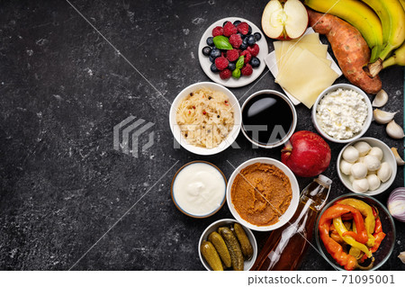 Top view of many healthy fermented probiotic and prebiotic foods Top view of many healthy fermented probiotic and prebiotic foods 71095001