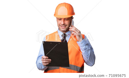 Builder Worker In Hardhat Talking On Cellphone Over White Background Builder Worker In Hardhat Talking On Cellphone Over White Background 71095675