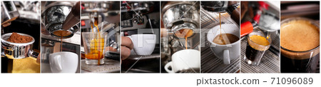 Making espresso coffee in coffeeshop or cafe closeup Making espresso coffee in coffeeshop or cafe closeup 71096089
