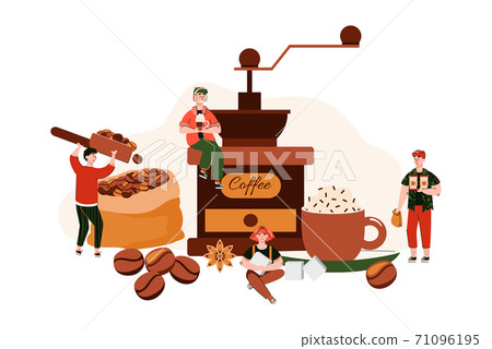 Small miniature people workers in coffee shop, flat cartoon vector illustration 71096195