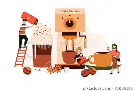 Miniature people characters in coffee shop, flat cartoon vector illustration Miniature people characters in coffee shop, flat cartoon vector illustration 71096196