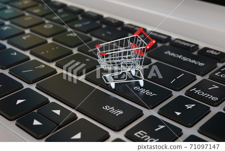 Online shopping 3d concept, shopping cart on laptop keyboard, 3d rendering Online shopping 3d concept, shopping cart on laptop keyboard, 3d rendering 71097147