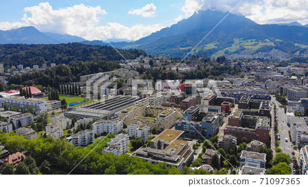 Aerial view over the city of Lucerne Switzerland and Lake Lucerne 71097365