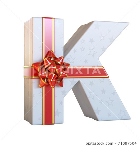 Gift box with red ribbon bow 3d font, present alphabet 3d rendering, letter K 71097504