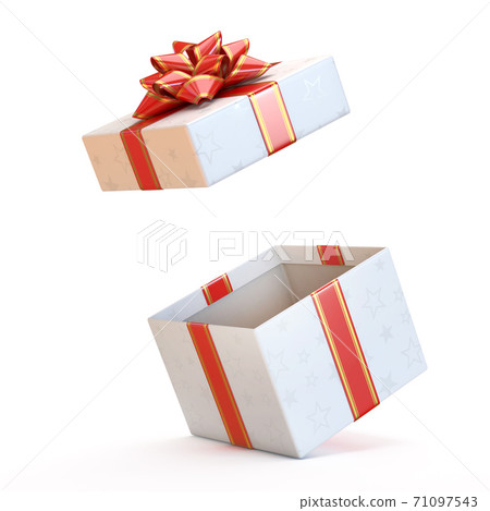 Open gift box with red bow and ribbon, present exploding 3d rendering 71097543