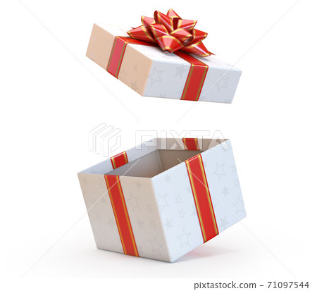 Open gift box with red bow and ribbon, present exploding 3d rendering 71097544