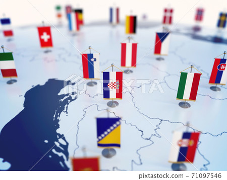 Flag of Croatia in focus among other European countries flags. Europe marked with table flags 3d rendering 71097546