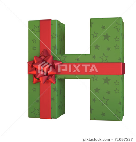 Gift box with red ribbon bow 3d font, present alphabet 3d rendering, letter H 71097557