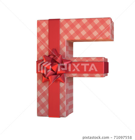 Gift box with red ribbon bow 3d font, present alphabet 3d rendering, letter F 71097558
