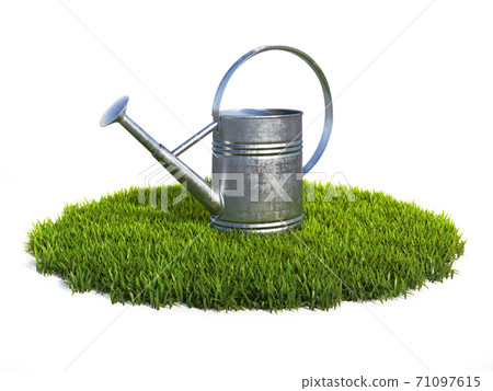 Watering can on grass, shiny aluminum gardening tool 3d rendering 71097615