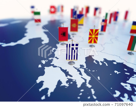 Flag of Greece in focus among other European countries flags. Europe marked with table flags 3d rendering 71097640