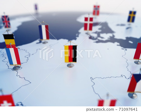 Flag of Germany in focus among other European countries flags. Europe marked with table flags 3d rendering 71097641