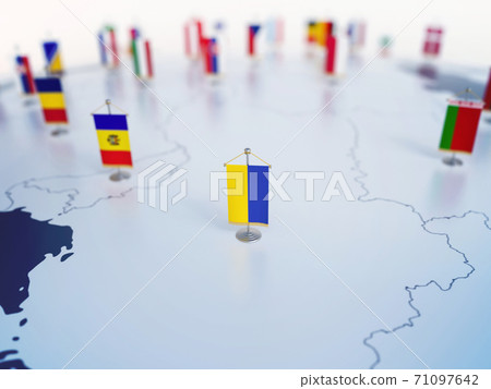 Flag of Ukraine in focus among other European countries flags. Europe marked with table flags 3d rendering 71097642