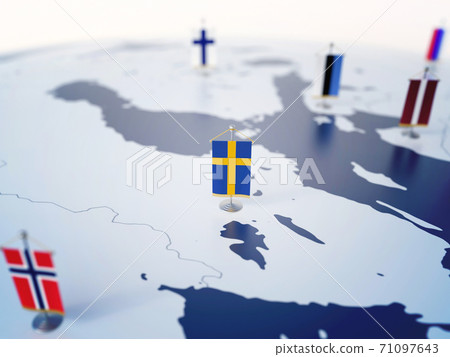 Flag of Sweden in focus among other European countries flags. Europe marked with table flags 3d rendering 71097643