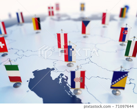 Flag of Slovenia in focus among other European countries flags. Europe marked with table flags 3d rendering 71097644