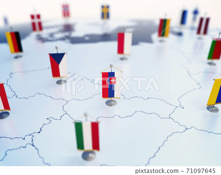 Flag of Slovakia in focus among other European countries flags. Europe marked with table flags 3d rendering 71097645
