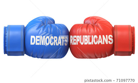 Democrats vs. Republicans. Two boxing gloves against each other in colors of Democratic and Republican party, 3d rendering 71097770