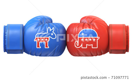 Democrats vs. Republicans. Two boxing gloves against each other in colors of Democratic and Republican party, 3d rendering Democrats vs. Republicans. Two boxing gloves against each other in colors of Democratic and Republican party, 3d rendering 71097771