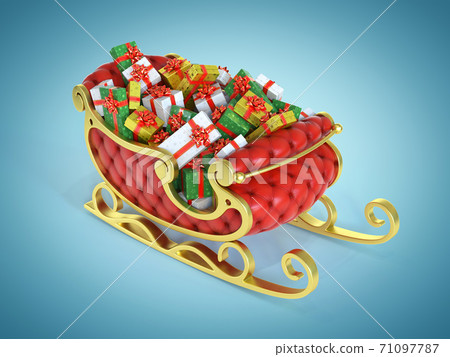 Christmas Santa sleigh full of gift boxes - red and golden sledge with presents 71097787