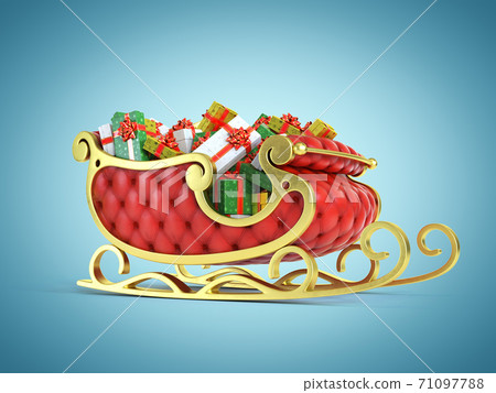 Christmas Santa sleigh full of gift boxes - red and golden sledge with presents 71097788