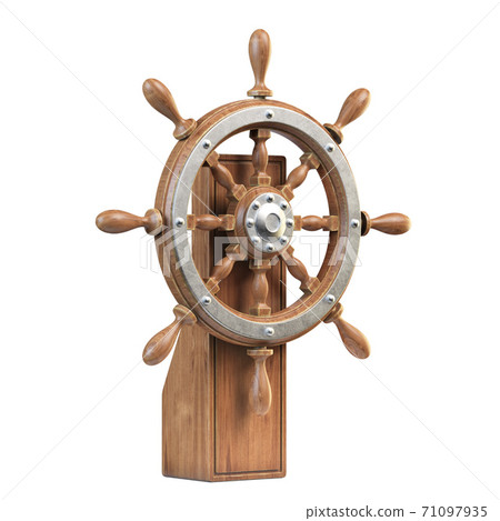 Ship wheel with stand isolated on white background 3d rendering 71097935