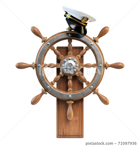 Captain hat on ship wheel isolated on white background 3d rendering 71097936
