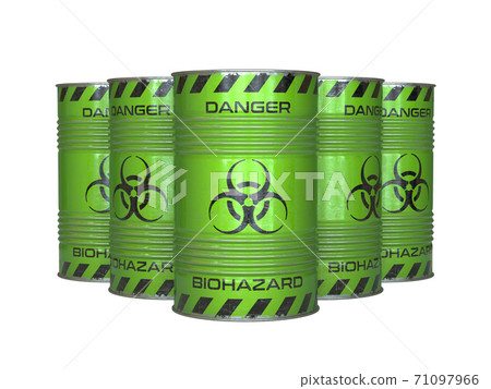 Biohazard waste green barrels with biohazard symbol 3d rendering 71097966