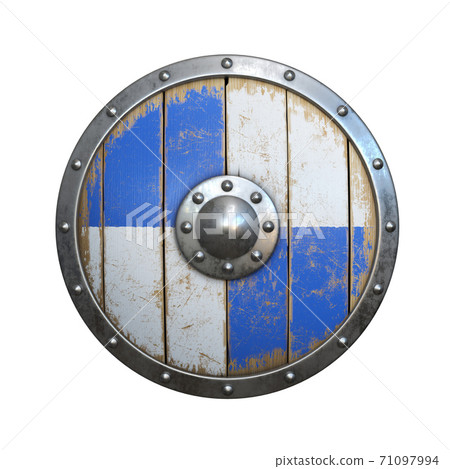 Wooden medieval round shield, viking shield painted red and white, isolated on white background, 3d rendering 71097994