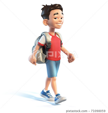 Asian boy with school bag walking, stylized cartoon character,  school kid 3d rendering 71098059