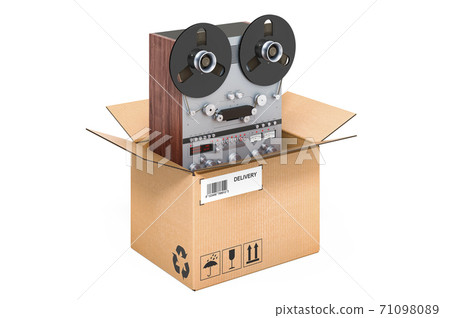Reel-to-reel tape recorder inside cardboard box, delivery concept. 3D rendering 71098089