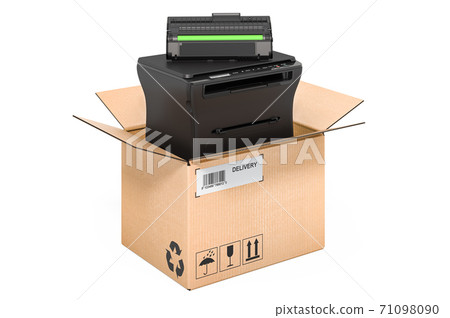 Printer MFP inside cardboard box, delivery concept. 3D rendering 71098090