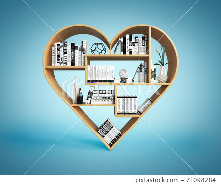 Heart shaped bookshelves, book shelf in the form of heart, love reading concept, 3d rendering Heart shaped bookshelves, book shelf in the form of heart, love reading concept, 3d rendering 71098284