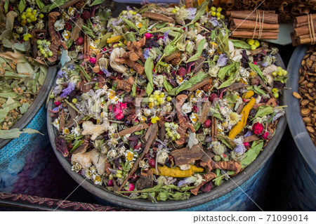 Dry plants as herbal tea at the market for sale 71099014