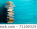 Books on wooden desk table and abstract background. Education background. Copy Space. Back to school. 71100329