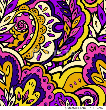 Bright seamless psychedelic pattern with plant and floral elements. Bright seamless psychedelic pattern with plant and floral elements. 71105287