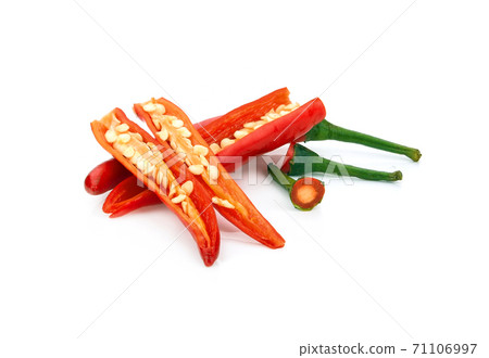 Red chili pepper slice of pieces elements isolated on white background. Red chili pepper slice of pieces elements isolated on white background. 71106997
