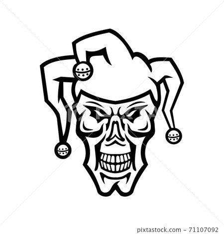 Head of a Court Jester or Joker Skull Skull Front View Mascot Black and White Head of a Court Jester or Joker Skull Skull Front View Mascot Black and White 71107092