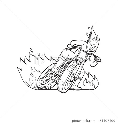 Motorcycle Driver with Fireball Head Driving Motorbike Flat Track Racing  Line Art Drawing Black and White 71107109
