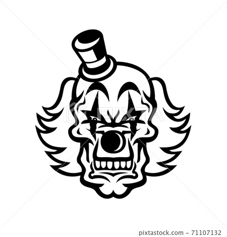 Head of Scary and Evil Whiteface Clown Skull Front View Mascot Black and White Head of Scary and Evil Whiteface Clown Skull Front View Mascot Black and White 71107132