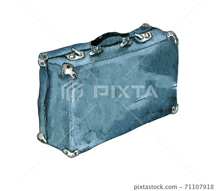hand-drawn watercolor illustration. on the floor is an old closed blue leather suitcase. isolated 71107918