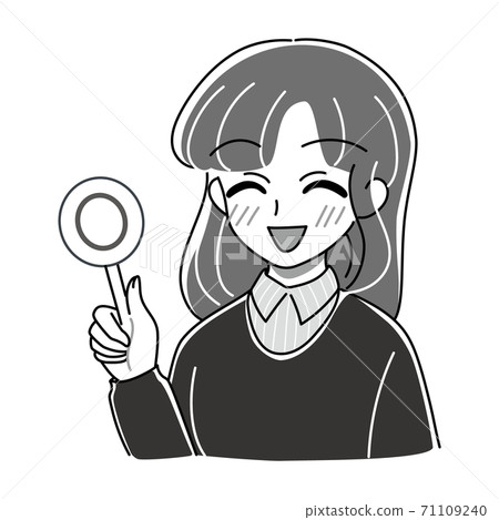 Vector ・ Illustration of a smiling older sister holding a round panel ・ Maru ・ Correct answer ・ Monochrome Vector ・ Illustration of a smiling older sister holding a round panel ・ Maru ・ Correct answer ・ Monochrome 71109240