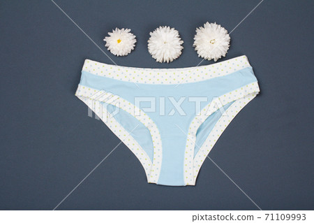 Beautiful women's panties with flowers on gray background. Beautiful women's panties with flowers on gray background. 71109993