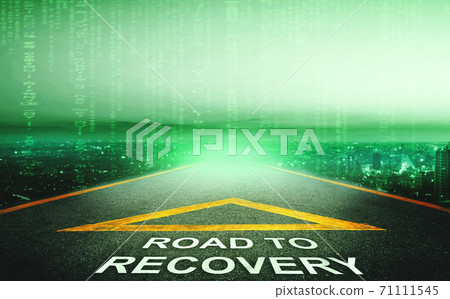 Road to recovery for techonolgy and computer concept with green IT coding city background. Road to recovery for techonolgy and computer concept with green IT coding city background. 71111545
