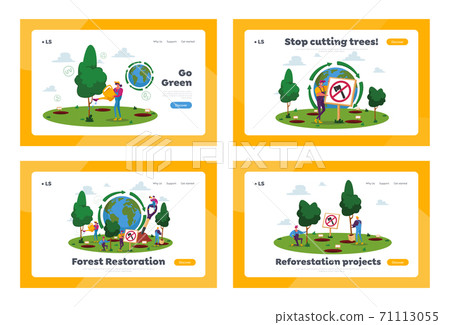 Reforestation Landing Page Template Set. World Environment Day, Characters Planting Trees in Soil Working in Garden Reforestation Landing Page Template Set. World Environment Day, Characters Planting Trees in Soil Working in Garden 71113055