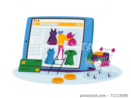 Online Shopping Concept. Tiny Female Customer Character Stand on Ladder Choose Dress on Huge Tablet, Internet Store Online Shopping Concept. Tiny Female Customer Character Stand on Ladder Choose Dress on Huge Tablet, Internet Store 71113090