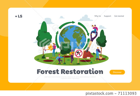 Reforestation Landing Page Template. World Environment Day, Characters Planting and Growing Trees in Soil Work in Garden 71113093