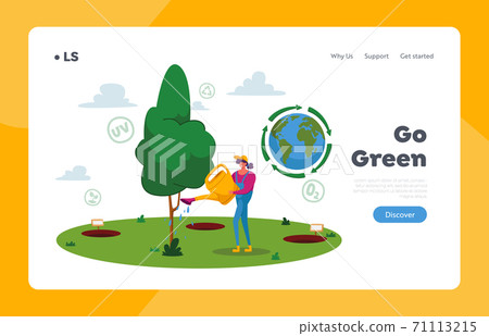 Forest Restoration, Reforestation and Planting New Trees Landing Page Template. Woman Volunteer Character Care of Plant 71113215