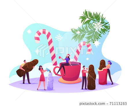 Tiny Male or Female Characters around Huge Cup and Candy Canes Create and Eating Chocolate Santa Sweet Christmas Dessert 71113283