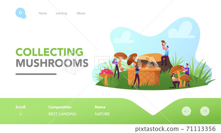Mushroomers Walk in Forest, Activity, Hobby Landing Page Template. Happy Tiny Characters Spend Time Outdoors in Autumn 71113356