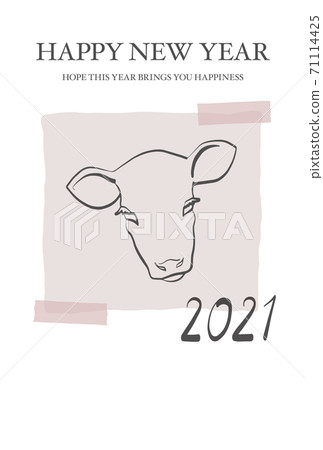 2021年新年賀卡(米色),用毛筆在牛皮紙上用美紋紙膠帶寫的牛插圖的氣氛 2021年新年賀卡(米色),用毛筆在牛皮紙上用美紋紙膠帶寫的牛插圖的氣氛 71114425